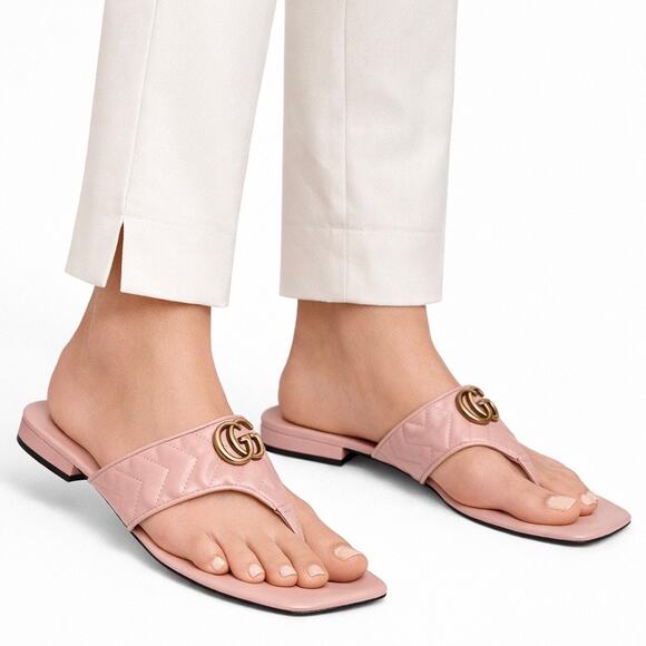 Gucci Shoes - Gucci GG Logo Marmont Leather Thong Flat Sandals Pink Gold Size 37.5